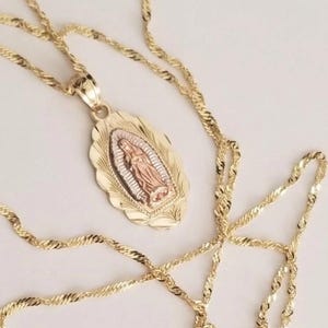 14k Gold Guadalupe Religious Pendant: Virgin Mary Gold Necklace