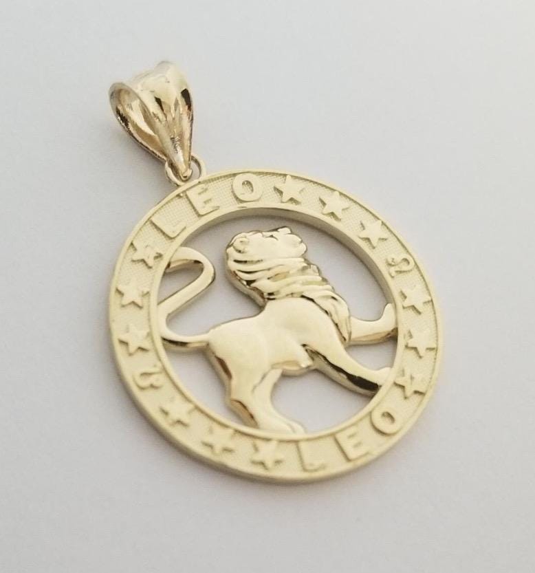 14k Solid Yellow Gold Leo Zodiac Sign Round Astrology Symbol Pendant 22 mm