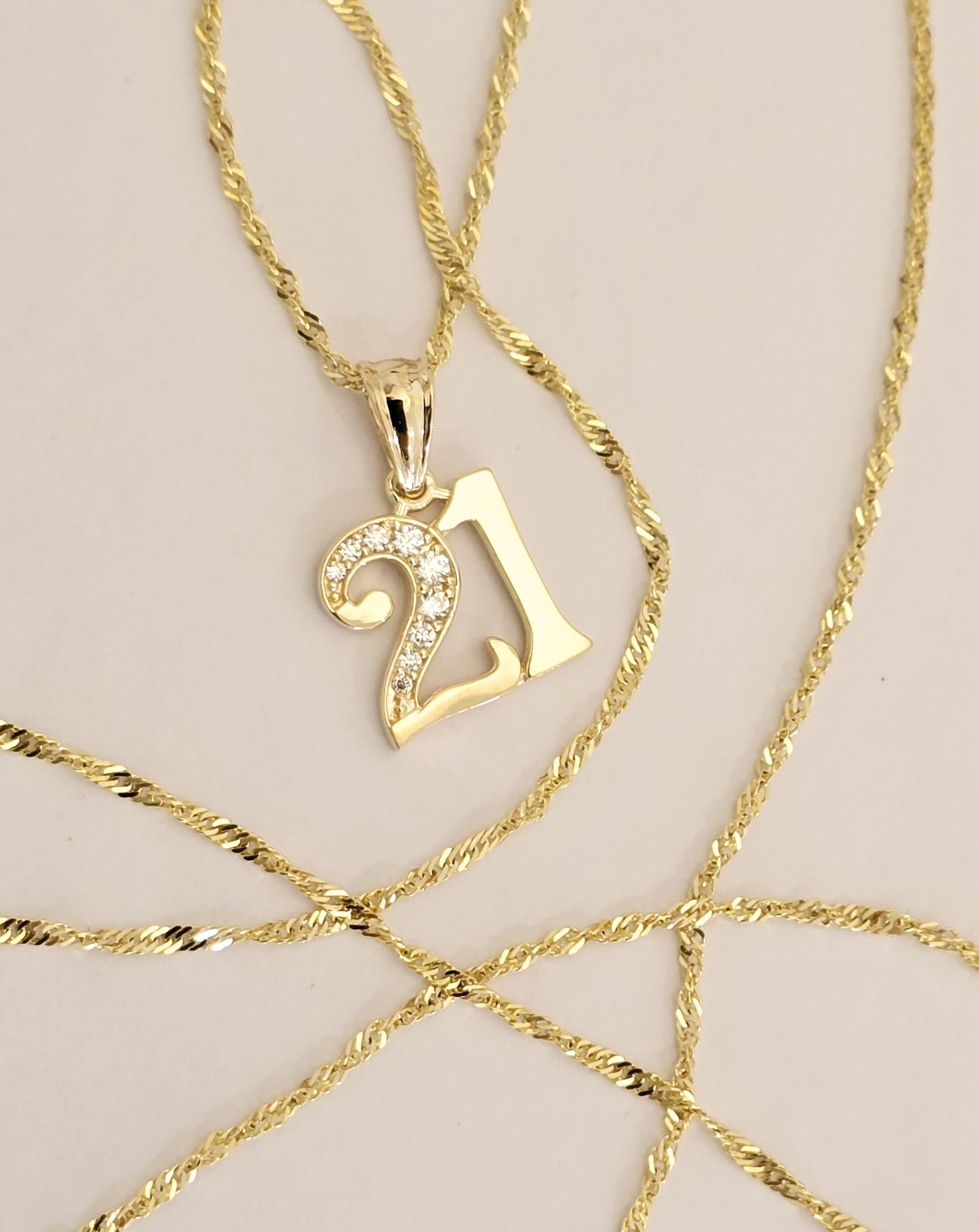 14k Solid Gold Number 21 CZ Pendant Necklace