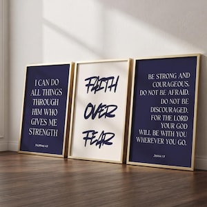 Strong and Courageous, Faith Over Fear Christian Scripture Prints - Navy Wall Art