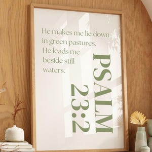 Psalm 23 - Green Pastures Christian wall art, Bible verse print, white and green