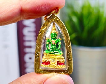Emerald Buddha Amulet Thai Charm | Sacred Protection & Prosperity Talisman in Gold Micron Case