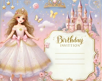 Może przedstawiać: Różowe i złote zaproszenie na urodziny księżniczki z księżniczką w białej sukni i różowym zamkiem w tle. Tekst "Birthday Invitation" jest napisany złotymi literami.