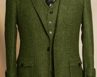 Mens 3-Piece Tweed Suit: Slim Fit Herringbone, Wedding Tuxedo