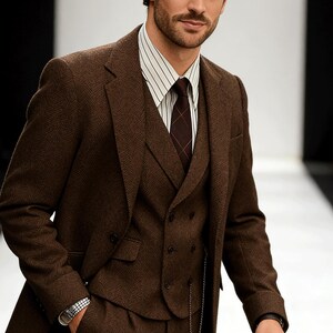Men's Herringbone Tweed 4-Piece Suit – Slim Fit Formal Blazer, Vest, Pants, Tie image 6