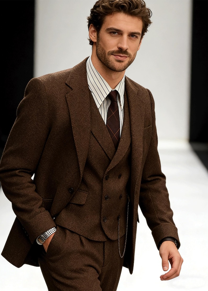 Men's Herringbone Tweed 4-Piece Suit – Slim Fit Formal Blazer, Vest, Pants, Tie image 6