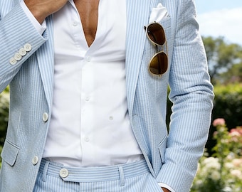 Mens Seersucker Blazer & Trousers Set, Lightweight Casual Formal Suit with Adjustable Waist