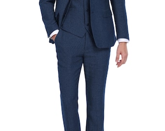 Mens Tweed Suit - Herringbone 3 Piece, Slim Fit Dark Blue