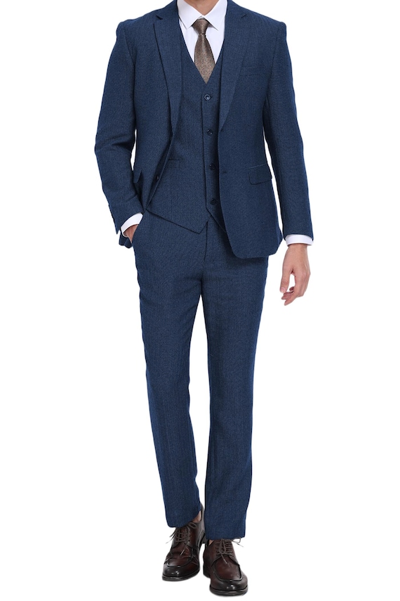 Mens Tweed Suits-Herringbone Wedding Groom Suit Tuxedos 3 Piece Set Men Business Slim Fit Suit Prom Party Nightclub Bar Outfit-Dark Blue