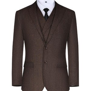 Men's Herringbone Tweed 4-Piece Suit – Slim Fit Formal Blazer, Vest, Pants, Tie image 4