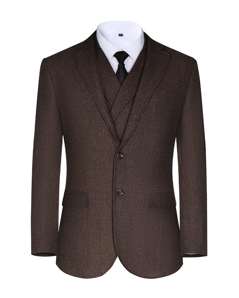 Men's Herringbone Tweed 4-Piece Suit – Slim Fit Formal Blazer, Vest, Pants, Tie image 4
