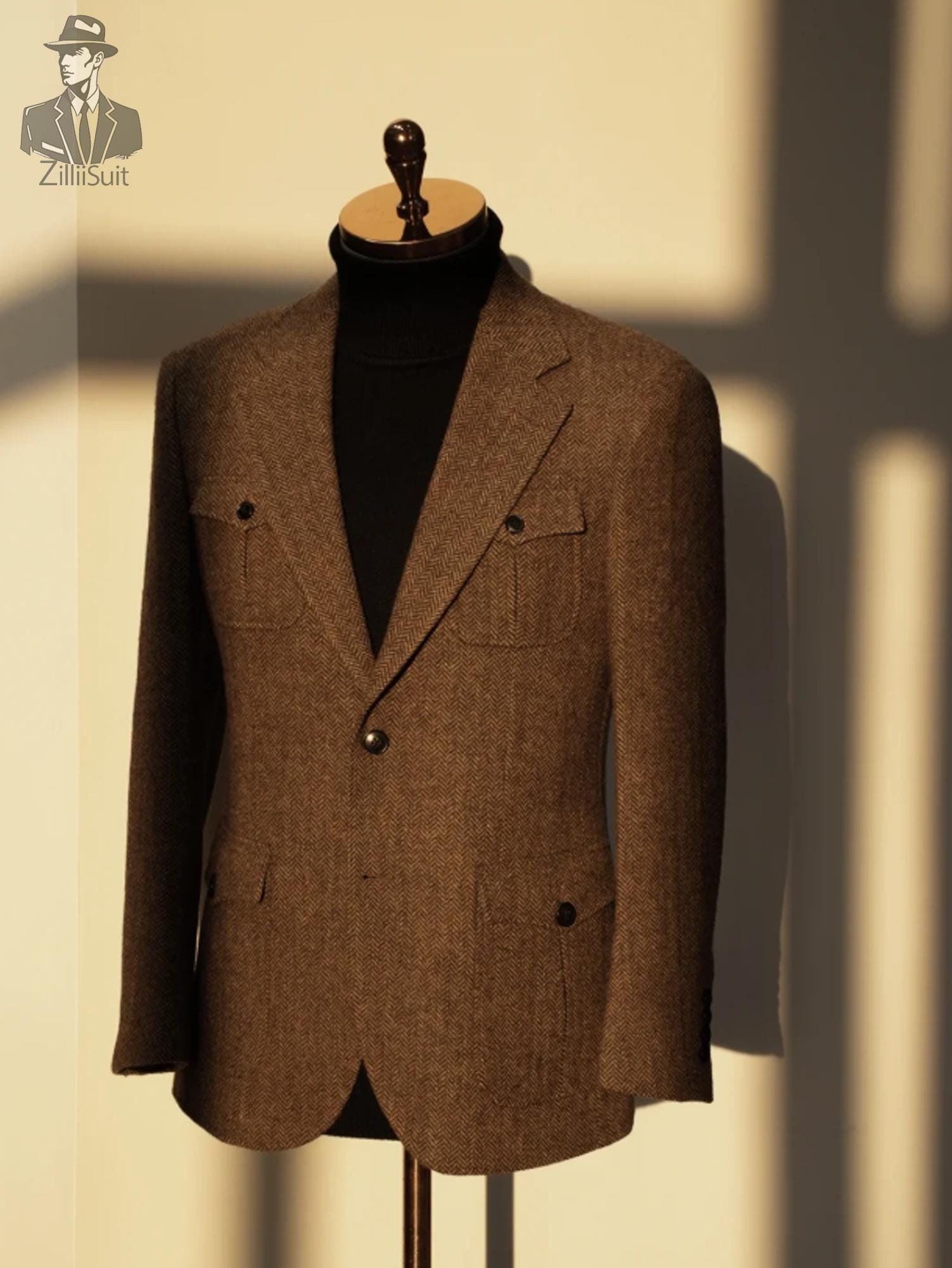 Men Wool Suit Jacket-men Tweel Overcoat-men Herringbone Tweed