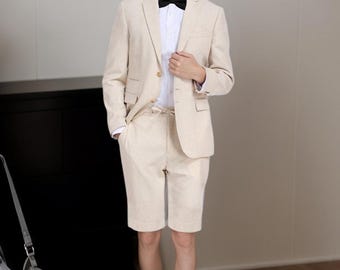 Boys Linen Suit 3 Piece Set, Summer Casual Sports Breathable Kids Formal Outfit for Wedding Party Homecoming Jacket Shorts Black Bow Tie