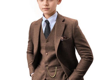 Boys Suit 3 Piece Suit Tweed Herringbone Slim Fit Kids Formal Suit Tuxedo Boys Casual Suit Jacket Vest Pants for Wedding Party Homecoming