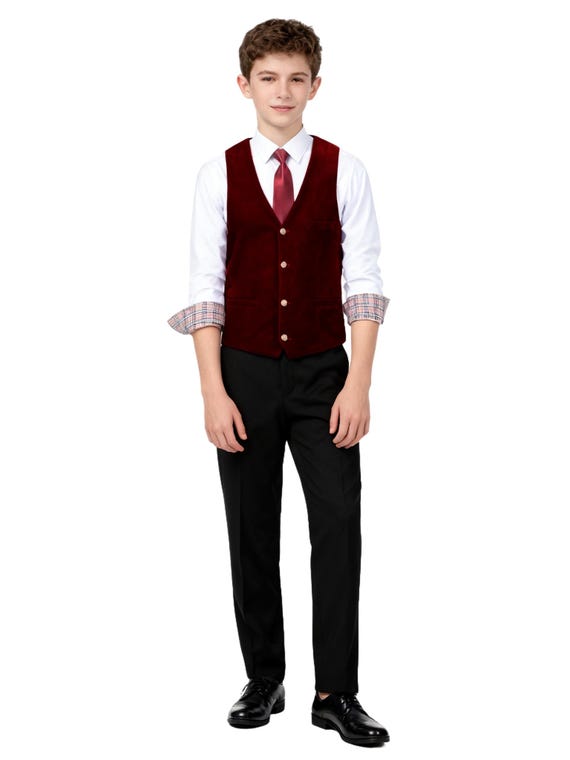 Boys Velvet Vest 3 Piece Suit - Black Pants White Cotton Shirt Formal Casual Suit for Weddings Proms