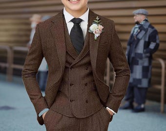 3 Piece Boy Slim Fit Suit, Tweed Herringbone Formal Kids Tuxedo, Boys Suit Jacket Pants Vest Set for Wedding Party Homecoming Outfit