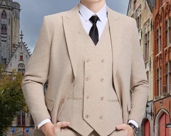 Boys Suit, Tweed Herringbone Slim Fit Formal Tuxedo Outfit for Wedding Banquet, 3 Piece Suit Jacket Double Breasted Vest Pants for Boy