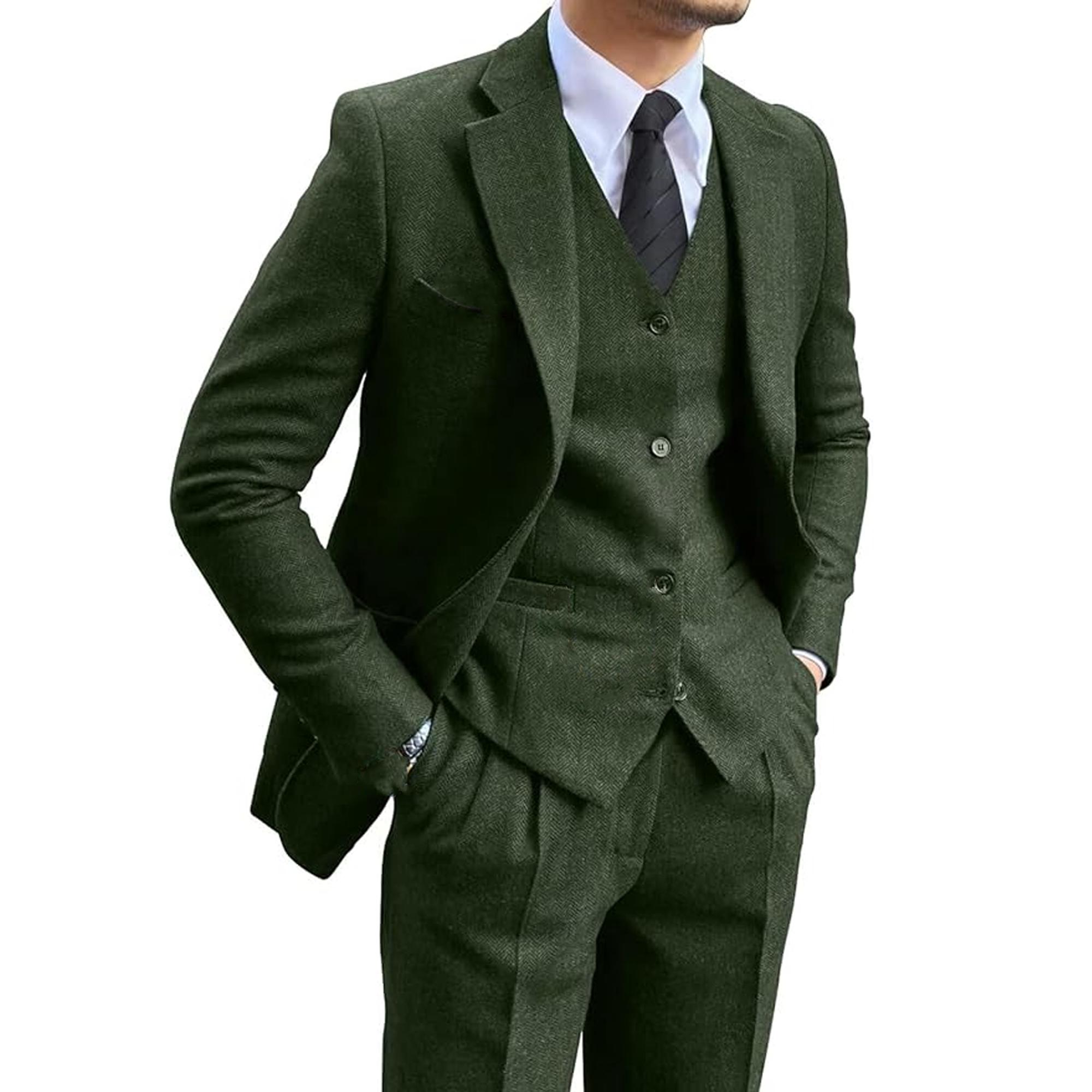 Herren 3 Stück Anzug Retro Slim Fit Anzug Tweed Fischgrätenanzug Business Anzug Hochzeit Party Smoking Mit Blazer Weste Hose, GRAU, XS