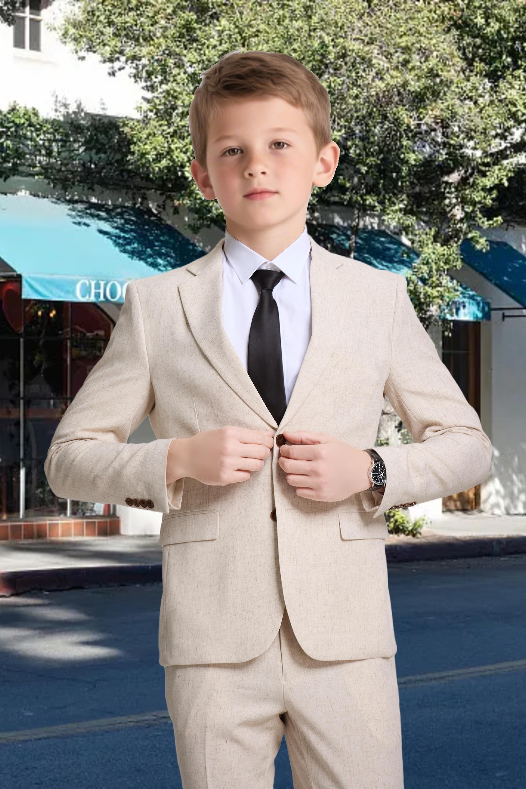 Summer Boys Suits, Linen Breathable Formal Suits 3 Piece Set for Boy, Kids Casual Sports Suits Blazer Pants Black Tie