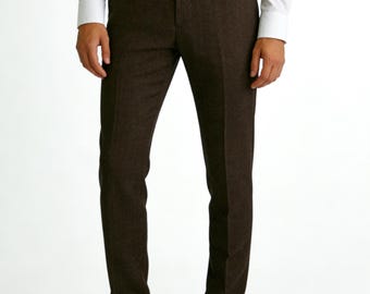 Men's Herringbone Tweed Pants | Custom Waist & Inseam Length, Wool Blend Stretch Waist Casual Trousers with Pockets