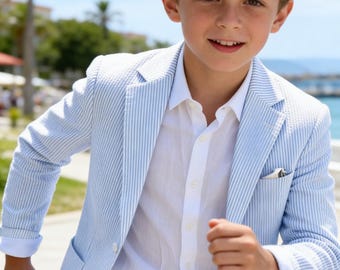 Boys Seersucker Suit - Blazer Pant Shorts Formal Wedding Casual Outfit for Toddler Kids Teen