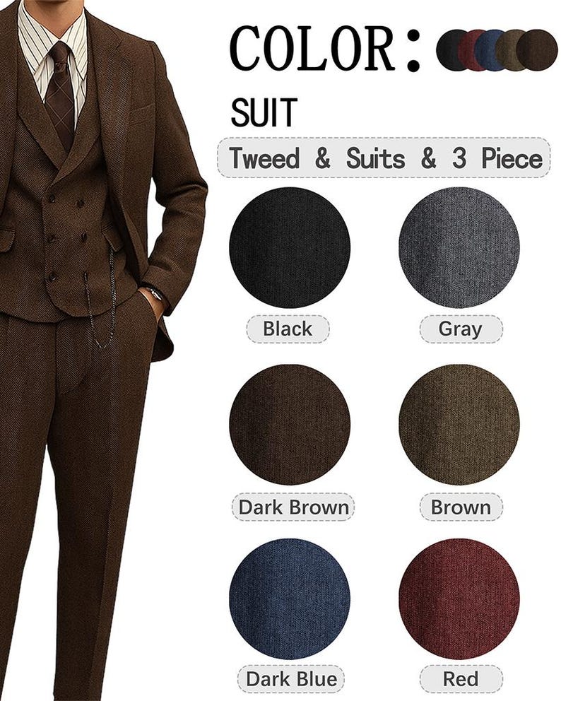 Men's Herringbone Tweed 4-Piece Suit – Slim Fit Formal Blazer, Vest, Pants, Tie image 10