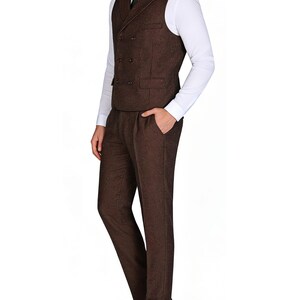 Men's Herringbone Tweed 4-Piece Suit – Slim Fit Formal Blazer, Vest, Pants, Tie image 9