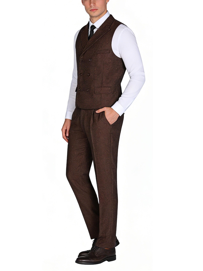Men's Herringbone Tweed 4-Piece Suit – Slim Fit Formal Blazer, Vest, Pants, Tie image 9