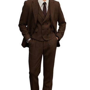 Men's Herringbone Tweed 4-Piece Suit – Slim Fit Formal Blazer, Vest, Pants, Tie image 8