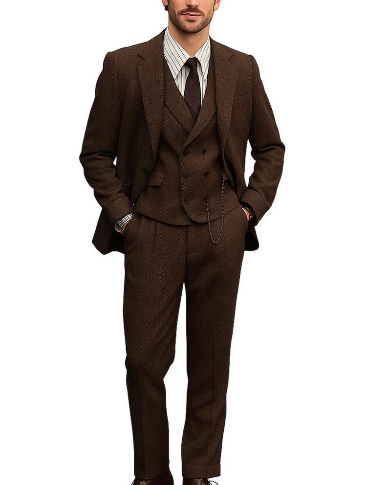 Men's Herringbone Tweed 4-Piece Suit – Slim Fit Formal Blazer, Vest, Pants, Tie image 8
