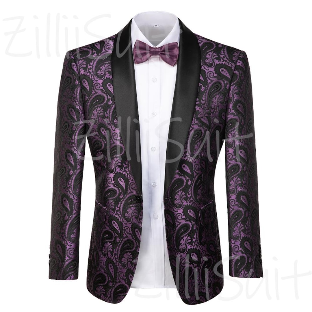 Mens Luxury Black and Silver Floral Pattern Tuxedo Blazer – Shawl Lapel Designer Dinner Jacket