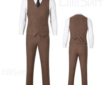 Men's Tweed Herringbone Vest Pants Set Mens Suit for Wedding Groomsmen