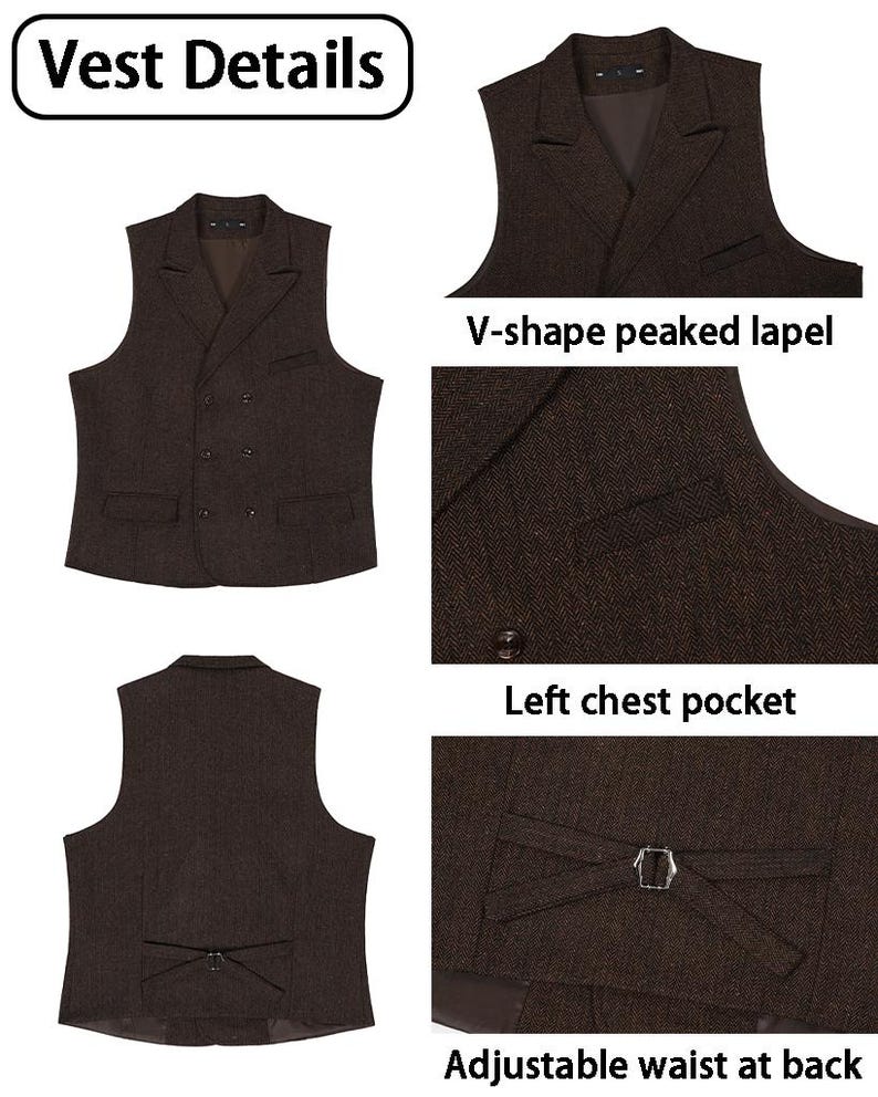Men's Herringbone Tweed 4-Piece Suit – Slim Fit Formal Blazer, Vest, Pants, Tie image 3
