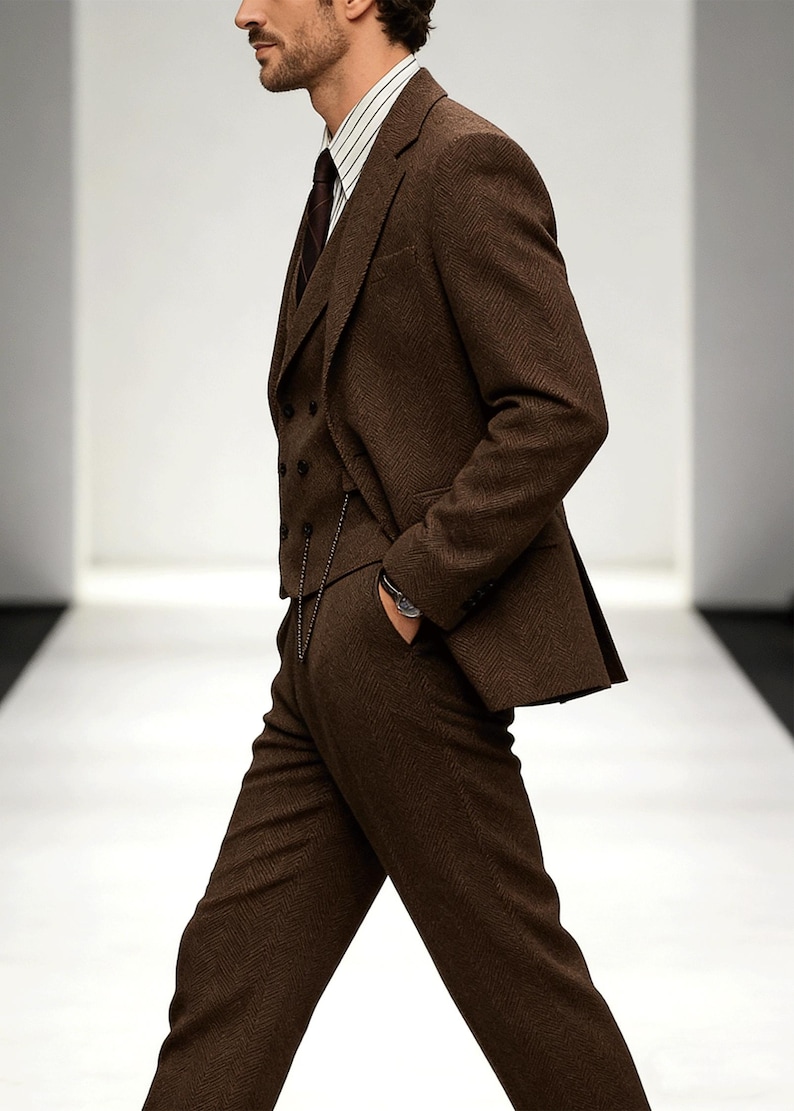 Men's Herringbone Tweed 4-Piece Suit – Slim Fit Formal Blazer, Vest, Pants, Tie image 7
