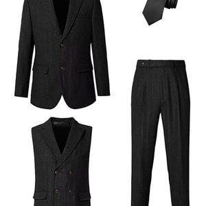 Men's Herringbone Tweed 4-Piece Suit – Slim Fit Formal Blazer, Vest, Pants, Tie image 2