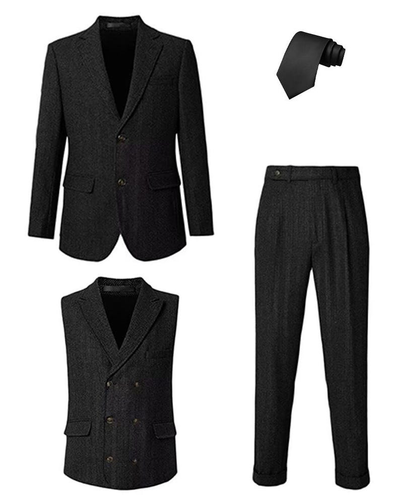 Men's Herringbone Tweed 4-Piece Suit – Slim Fit Formal Blazer, Vest, Pants, Tie image 2