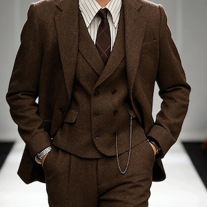 Men's Herringbone Tweed 4-Piece Suit – Slim Fit Formal Blazer, Vest, Pants, Tie image 1