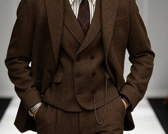 Men's Herringbone Tweed 4-Piece Suit – Slim Fit Formal Blazer, Vest, Pants, Tie