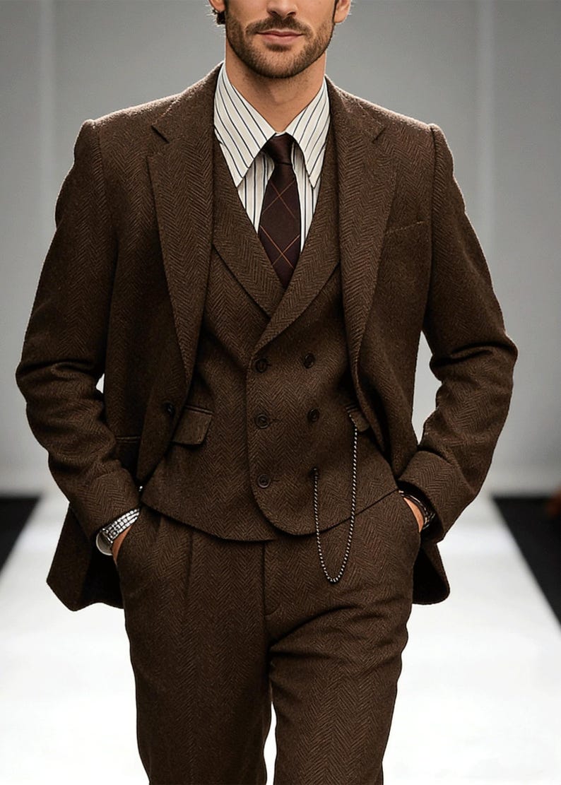 Men's Herringbone Tweed 4-Piece Suit – Slim Fit Formal Blazer, Vest, Pants, Tie image 1