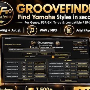 Op de afbeelding: Een digitale interface voor GrooveFinder-software weergegeven op een scherm, met zoekvelden voor nummer en artiest, compatibiliteit met Yamaha-keyboards en een donkergouden lay-out met tekst zoals GrooveFinder en Find Yamaha Styles.
