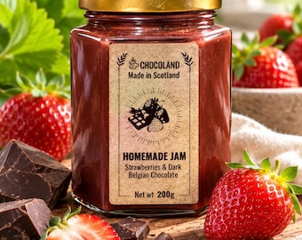 May include: A glass jar of strawberry and dark Belgian chocolate jam with a gold lid. The label reads CHOCOLAND Made in Scotland HOMEMADE JAM Strawberries & Dark Belgian Chocolate Net wt 200g. The jar is surrounded by fresh strawberries and dark chocolate chunks.