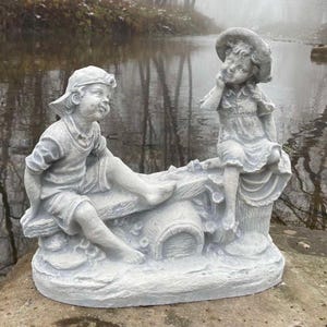 Boy and Girl on Bench Concrete Statue, Home Garden Décor, Children Statue Outdoor Indoor, Rustic-Vintage Childhood Friendship Gift