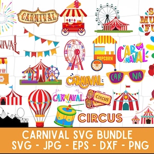 May include: A colourful set of carnival-themed SVG cut files. The set includes images of a Ferris wheel, popcorn stand, circus tent, and more. The text "Carnival" and "Circus" are included in the design.