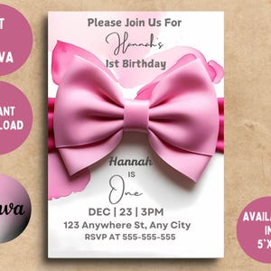 Pink Bow 1st Birthday Invitation Girl, First Birthday Template Printable, Pink Coquette Bow Invitation 1st Birthday Girl Invite, Bow Invite