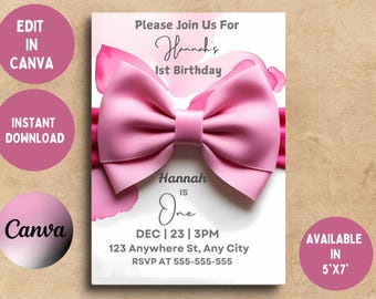 Pink Bow 1st Birthday Invitation Girl, First Birthday Template Printable, Pink Coquette Bow Invitation 1st Birthday Girl Invite, Bow Invite