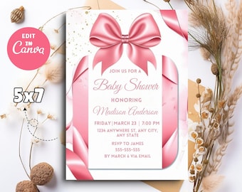 Pink Bow Baby Shower Invitation, Modern Blush Pink Bow, Baby Girl Shower Invite, Elegant Pink Coquette Baby Shower, Editable Canva Template