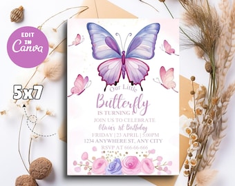 Butterfly Birthday Invitation, Butterfly Birthday party evite, Editable purple butterfly party invitation template,