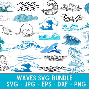 Puede incluir: Un conjunto de 25 ilustraciones vectoriales de olas en varios estilos. Las olas son de color negro y azul, y algunas tienen un contorno blanco. Las ilustraciones son perfectas para crear diseños para camisetas, tazas, bolsas de mano y otros productos.