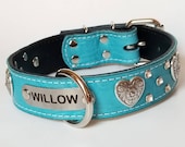 1.5 quot Teal Floral Leather Dog Collar - Custom Name Plate Dog Collar - Dog Collar With Hearts and crystals
