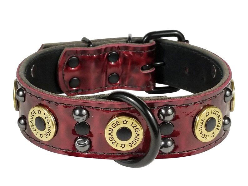 Red Leather Shotgun Shell Dog Collar Dark Patent Red Leather | Etsy